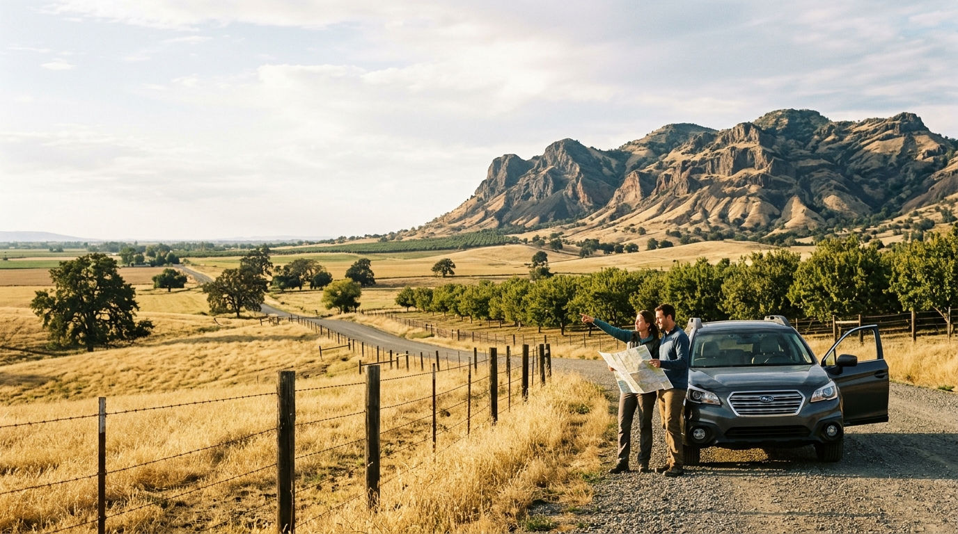 Visitors viewing the Sutter Buttes responsibly from a public roadside beside fenced agricultural land