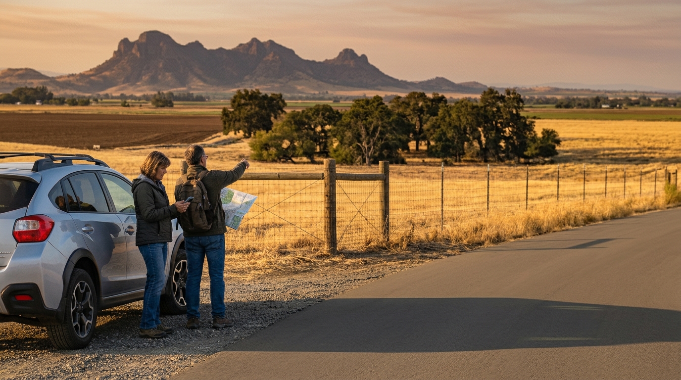 Visitors viewing the Sutter Buttes responsibly from a public roadside outside fenced private land