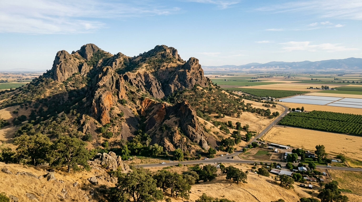 Volcanic ridges of the Sutter Buttes rising abruptly above the flat Sacramento Valley in California