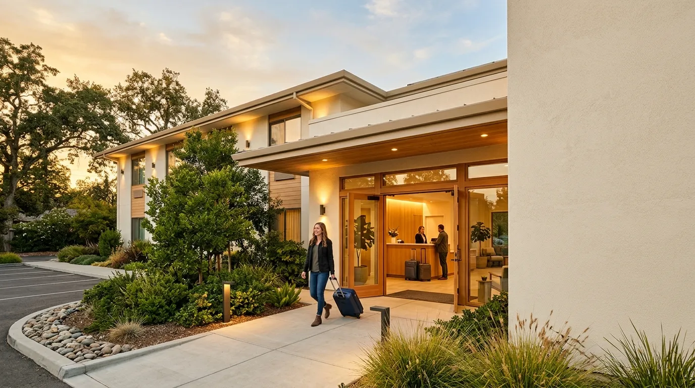 Welcoming hotel entrance with accessible pathways and landscaping in Yuba City California