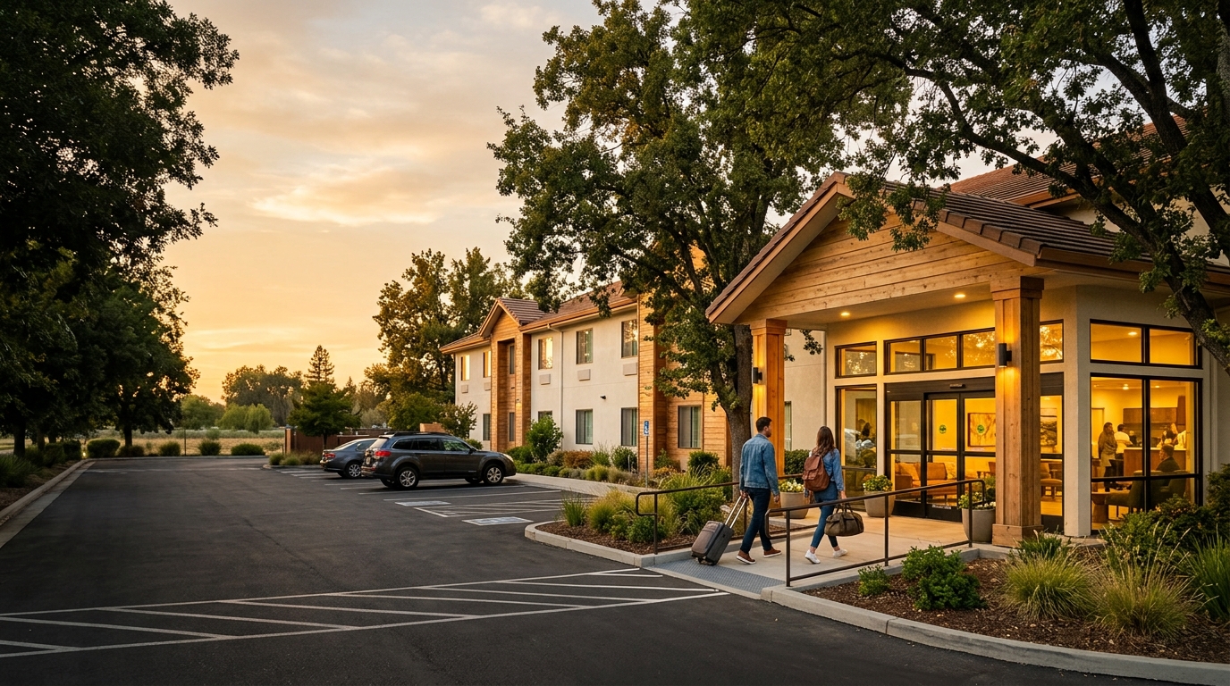 Welcoming hotel with accessible entrance parking and landscaped grounds in Yuba City California