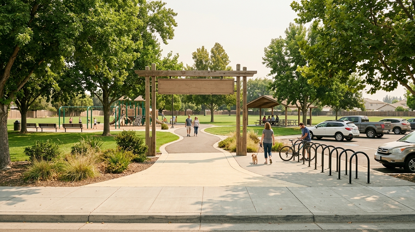 Yuba City community park with accessible paths playground picnic shelters and nearby parking